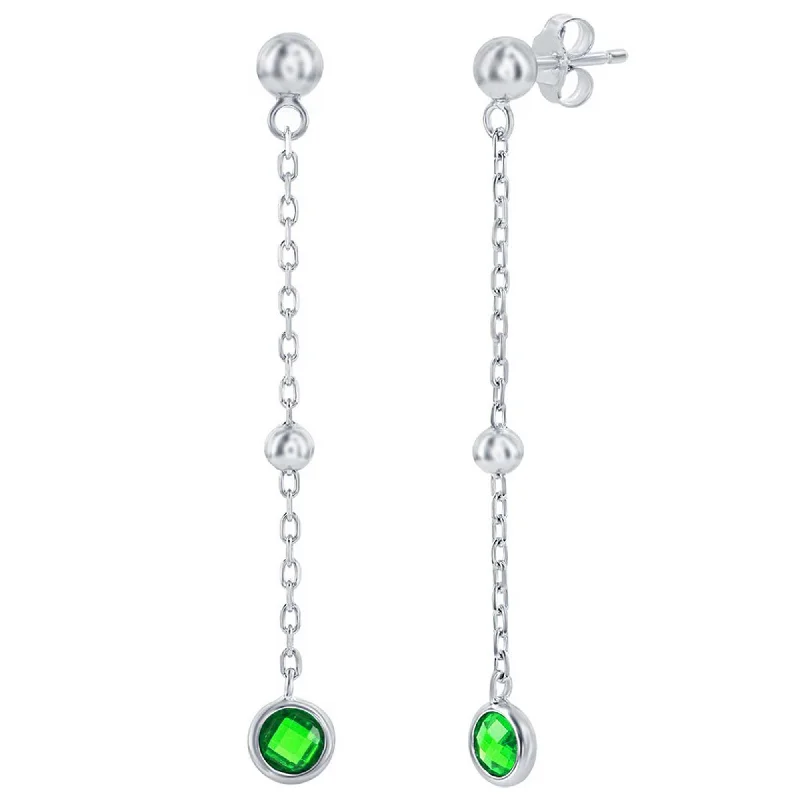 Women's diamond earrings-Classic Women's Earrings - Sterling Emerald Bezel-Set CZ and Bead Chain | D-8375