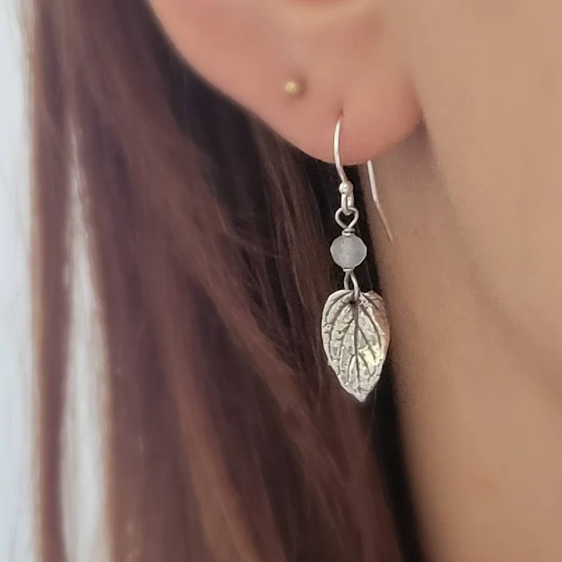 Women's silver-plated earrings-Leaf & Gemstone Drop Earrings