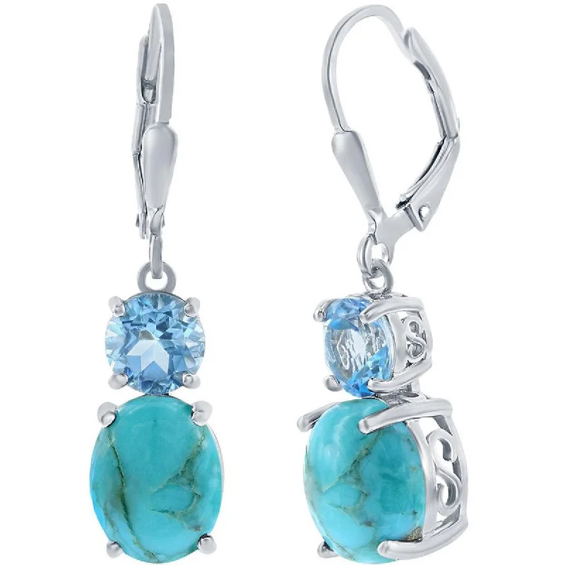 Women's sustainable earrings-Classic Women's Earrings - Oval Shape Turquoise and Round Blue Topaz Gemstone | D-8111