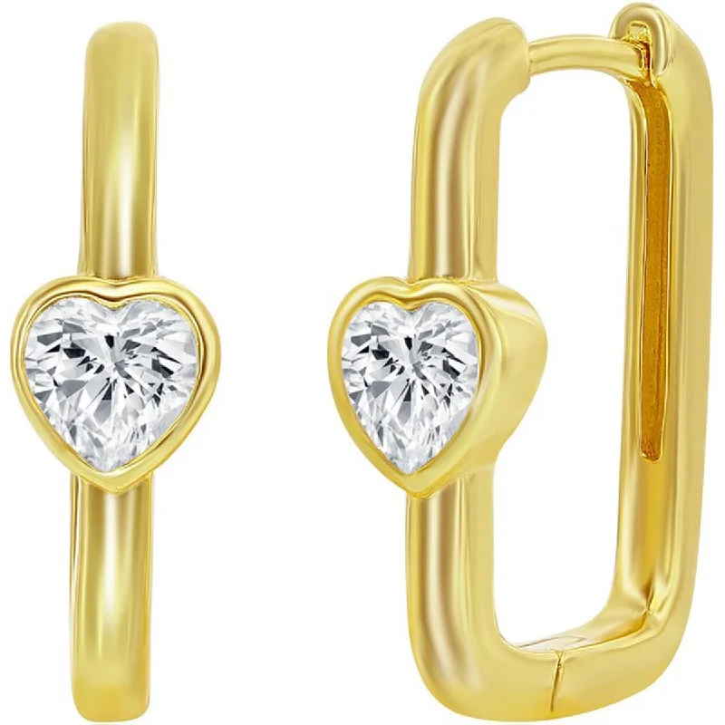 Women's Christmas earrings-Classic Women's Earrings - Gold Plated CZ Heart Shaped Rectangle Hinged | D-8216-GP