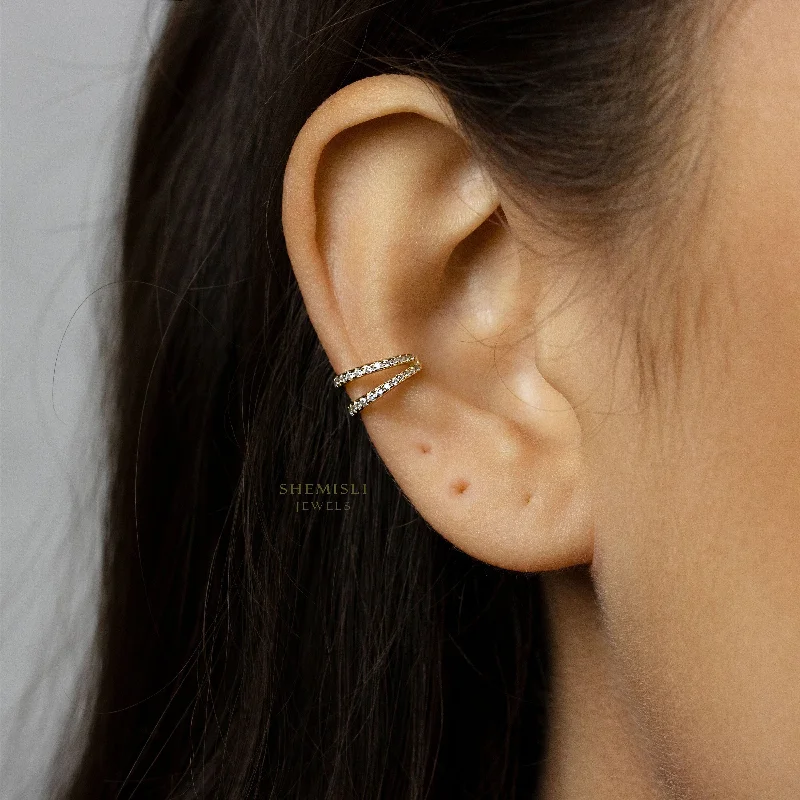 Minimalist women's earrings-Double Lined CZ Ear Conch Cuff, Earring No Piercing is Needed, Unisex, Gold, Silver SHEMISLI - SF024