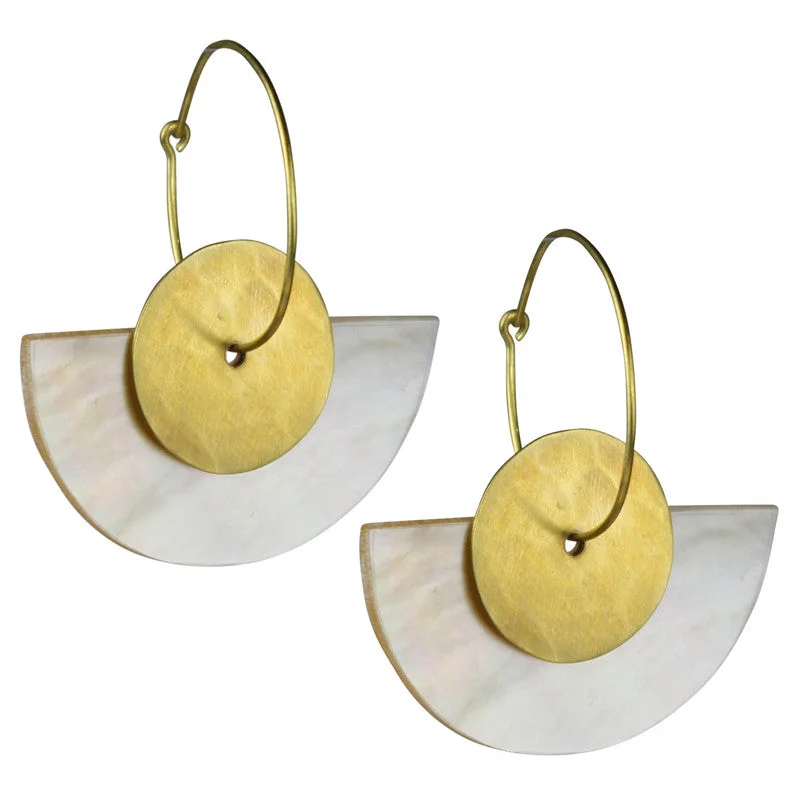 Women's anniversary rings-Beldi Earring, Crescent MOP & Round Brass