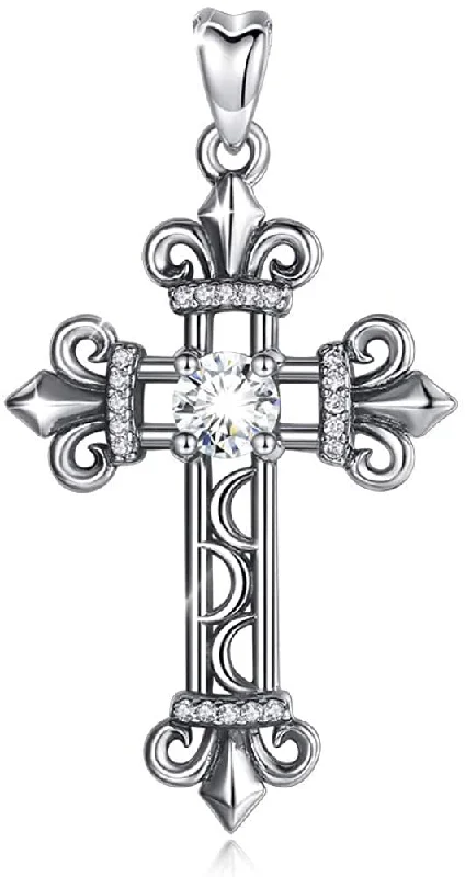 Women's couple necklaces-Jewelry Trends Fleur De Lis Cross with CZ Sterling Silver Pendant Necklace 18"