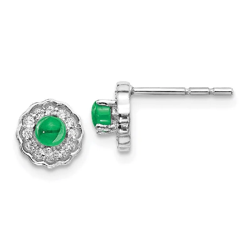 Women's stud earrings-14k White Gold Diamond & Cabochon Emerald Earrings