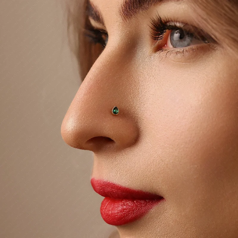 Women's stainless steel earrings-Tiny Teardrop Emerald Threadless Flat Back Nose Stud, 20,18,16ga, 5-10mm Surgical Steel SHEMISLI SS595