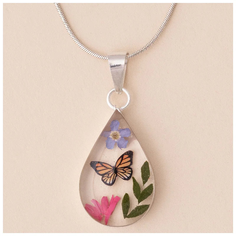 Women's personalized necklaces-Real Flowers & Sterling Teardrop Necklace