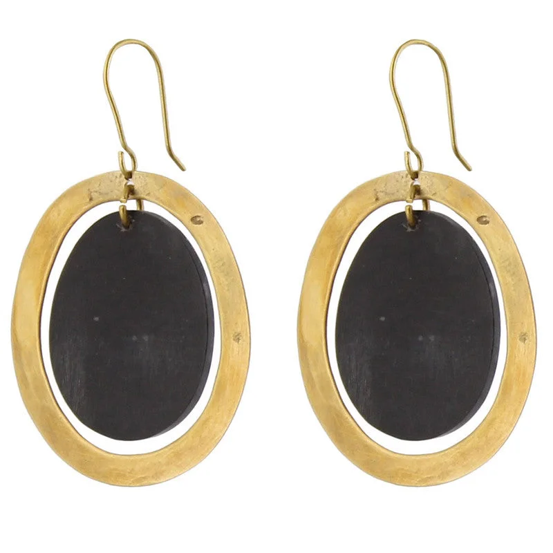 Women's friendship rings-Banjar Floating Oval Earring - Sm - Dark Horn, Brass