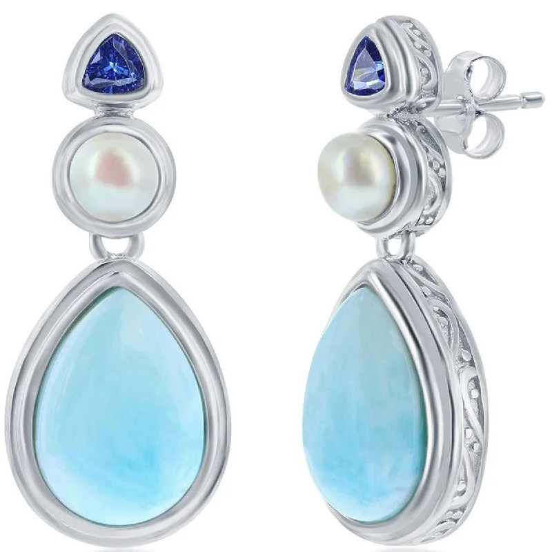 Women's leather earrings-Caribbean Treasures Women's Earrings - Larimar with FWP and Tanzanite CZ | D-8184