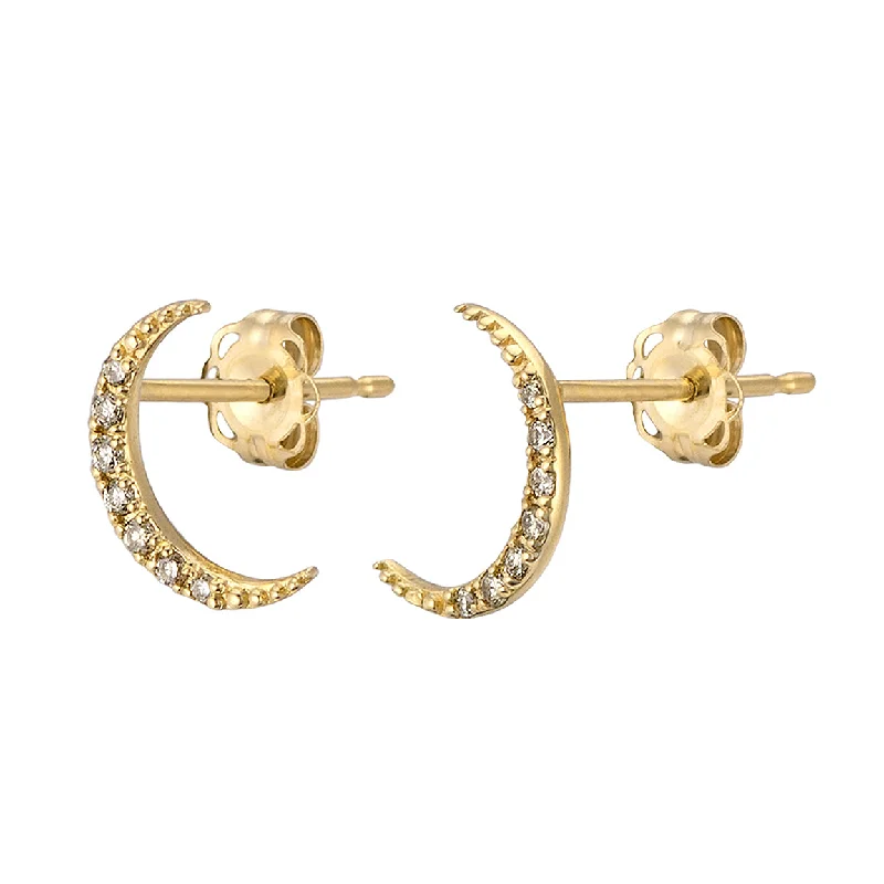 Women's limited edition earrings-Diamond Crescent Moon Studs in 14K Gold