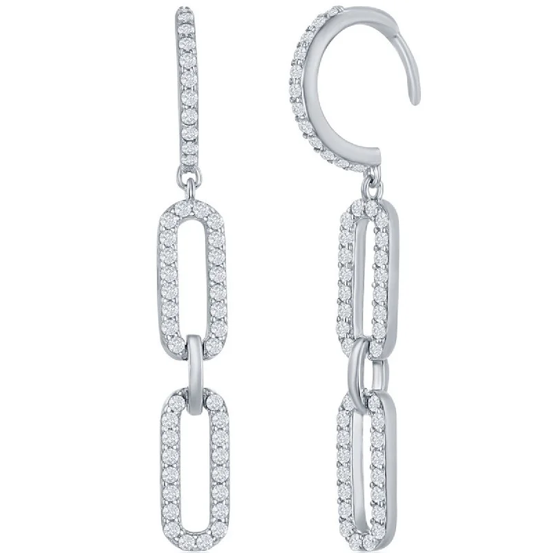 Women's Valentine's Day earrings-Classic Women's Earrings - Sterling Silver Double Link White CZ Paperclip | D-7816