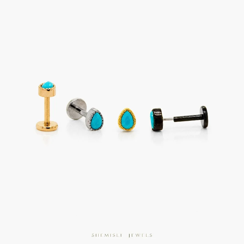 Women's nickel-free earrings-Tiny Teardrop Turquoise Threadless Flat Back Earrings, 20,18,16ga, 5-10mm Unisex, Surgical Steel SHEMISLI SS596