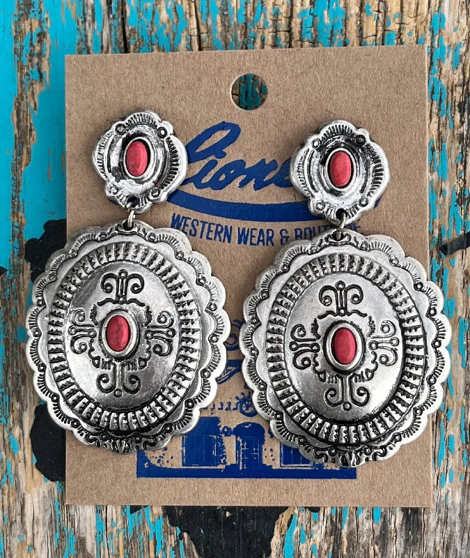 Women's zodiac rings-Large Concho Drop Earring w/ Red Center Stone