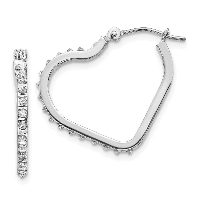 Women's leather earrings-14k White Gold Diamond Fascination Heart Hinged Hoop Earrings