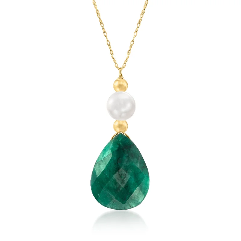 Women's birthstone necklaces-Ross-Simons Emerald and Cultured Pearl Necklace in 14kt Yellow Gold