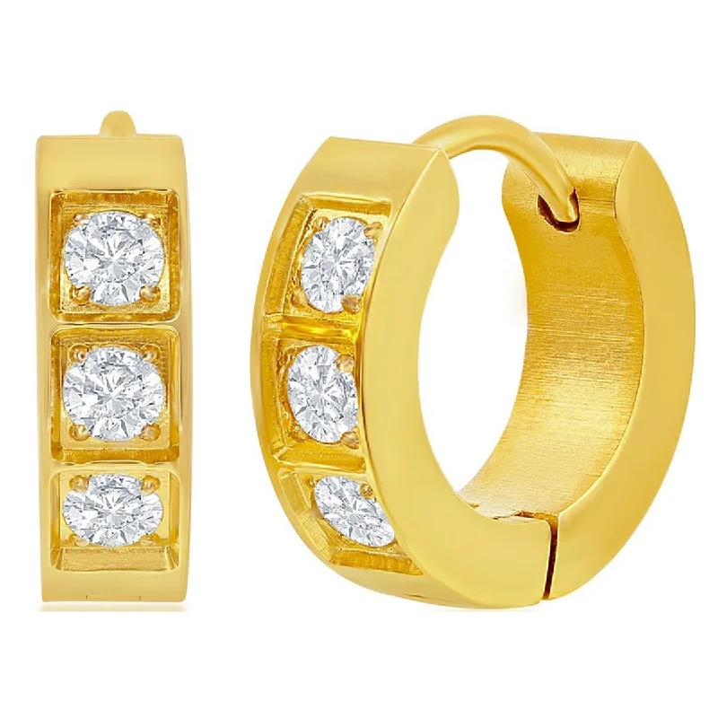 Women's family earrings-Blackjack Women's Earrings - Gold Plated Stainless Steel 13mm Huggie Hoop CZ | SA-6075