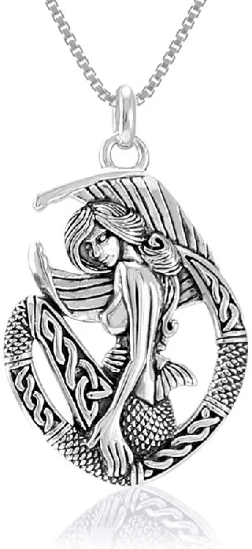 Women's wedding necklaces-Jewelry Trends Celtic Mermaid Ocean Goddess Sterling Silver Pendant Necklace 18"