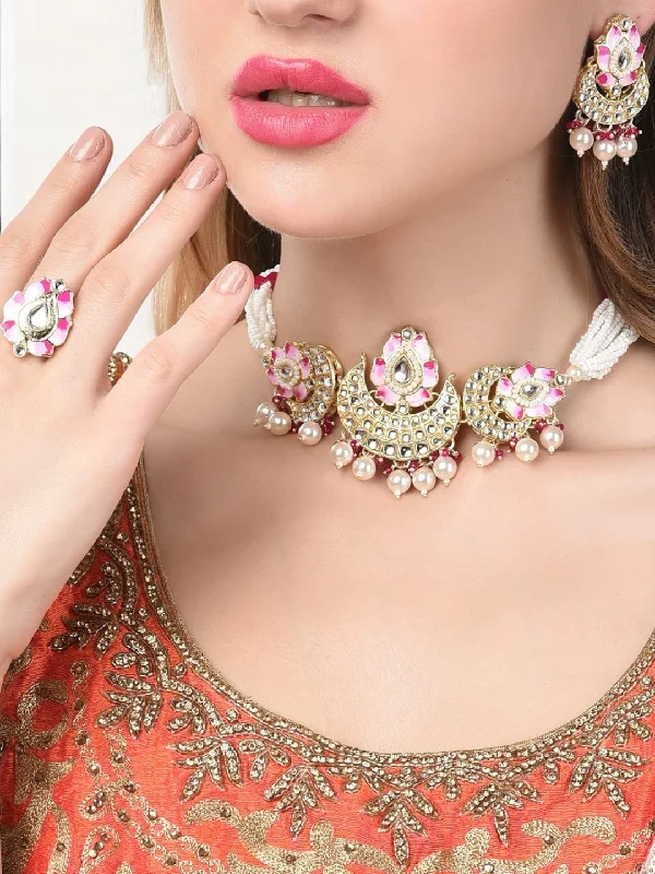 Women's statement earrings-Meenakari Lotus Indian Necklace Earring Ring Set, Meenakari Bridal Jewellery, Meenakari Pearl Necklace Earrings Set, Indian Lotus Jewelry Set, Bridal Necklace Ring Set, Pearl Ring Set, Bridal Jewelry