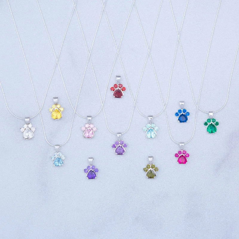 Women's art deco necklaces-Paw Print Birthstone Sterling Necklace