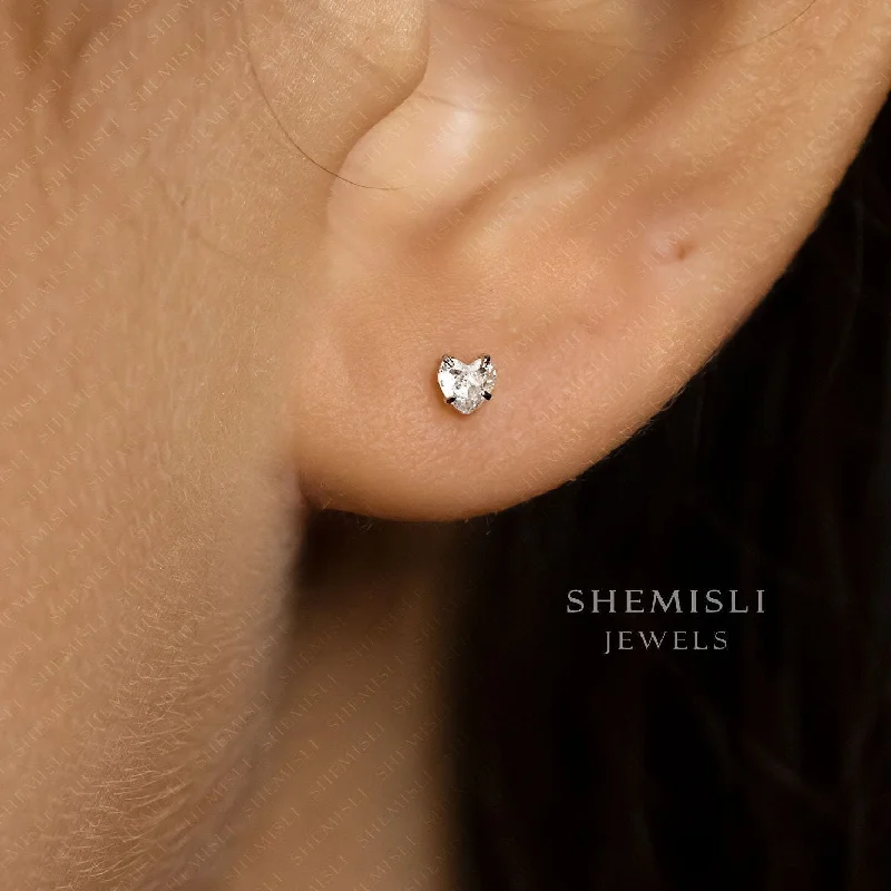 Women's birthstone earrings-Tiny Heart Shape Stone Earrings, Super Dainty Diamond Stud, Unisex, Sterling Silver SHEMISLI SS364