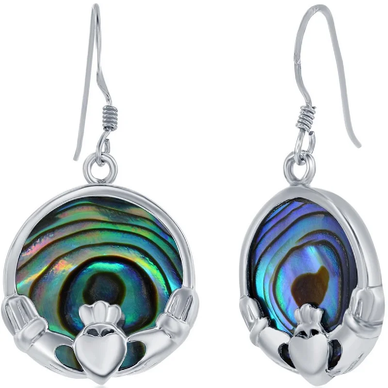 Women's lightweight earrings-Classic Women's Earrings - Sterling Silver Abalone Round Claddagh French Wire | D-8045