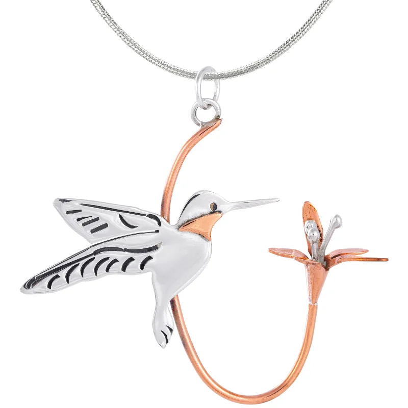 Women's everyday necklaces-Hummingbird & Flower Sterling Necklace