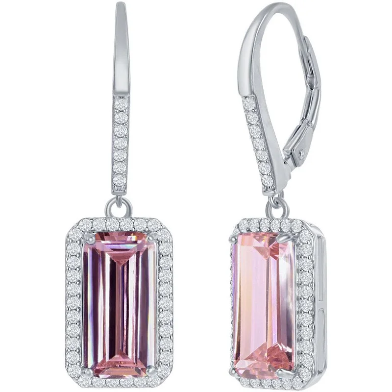 Women's gold-plated earrings-Classic Women's Earrings - Sterling Silver Emerald Cut Pink CZ with Halo | D-7903