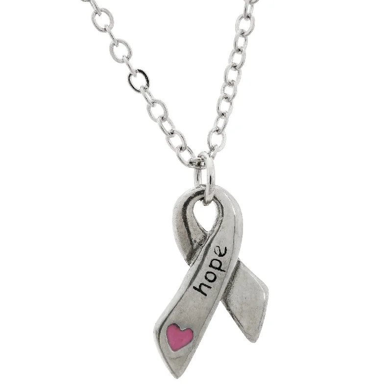 Women's anniversary necklaces-Heart & Hope Ribbon Pewter Necklace!