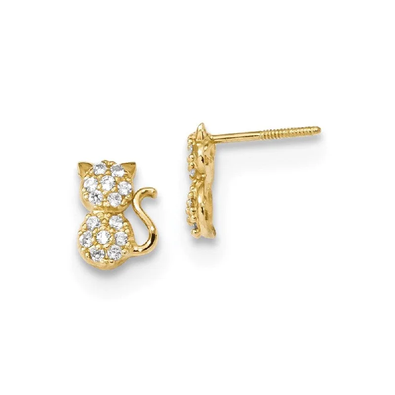 Women's lightweight earrings-Madi K Kid's 14k  Polished CZ Sitting Cat Screwback Post Earrings