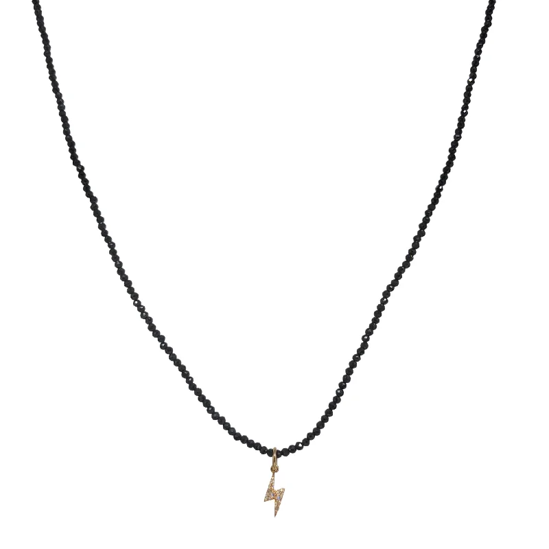 Women's alloy necklaces-SALE! Diamond & 14kt Lightening Bolt Charm on Beaded Black Spinel Necklace by Margaret Solow