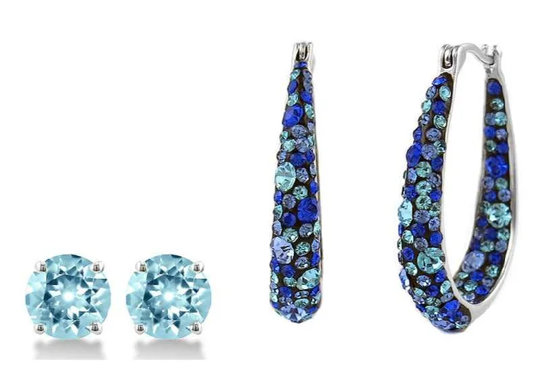 Women's jade earrings-Ocean Blue Swarovski Elements Crystal Hoop Earrings With Blue Crystal Studs