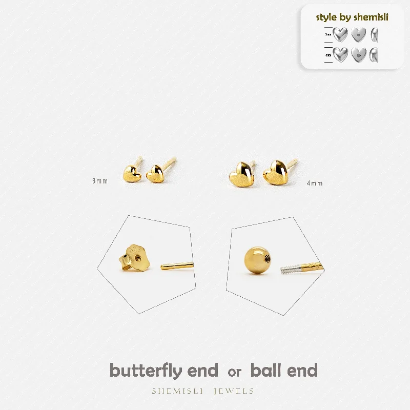 Women's gift earrings-Tiny Heart Studs Earrings, Unisex, Gold, Silver SHEMISLI SS025 SS026 Butterfly End, SS641 SS642 Screw Ball End (Type A)