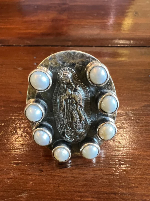 Women's travel rings-Virgen de Guadalupe Sterling Silver & Pearl Oval Ring