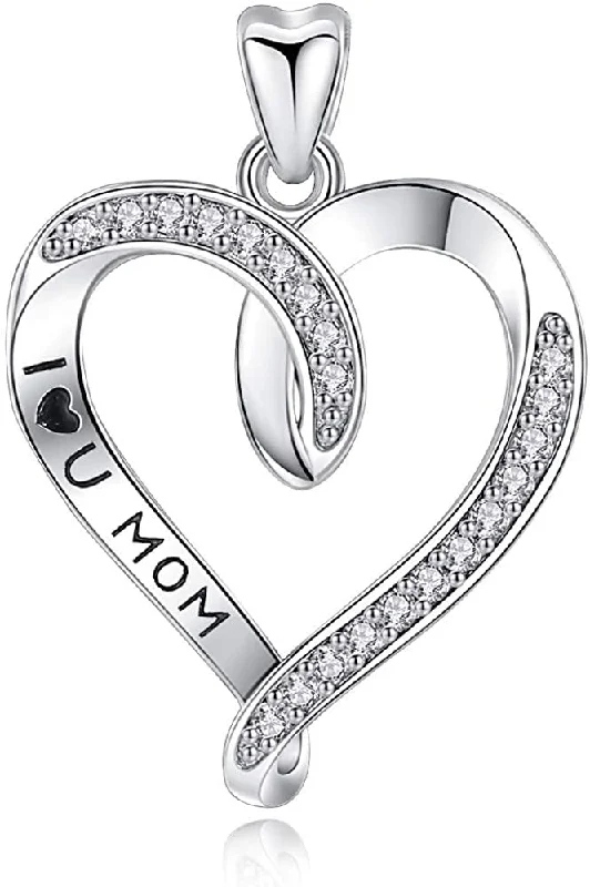 High-end women's necklaces-Jewelry Trends Heart with Pave CZ Love You Mom Message Sterling Silver Pendant Necklace 18"