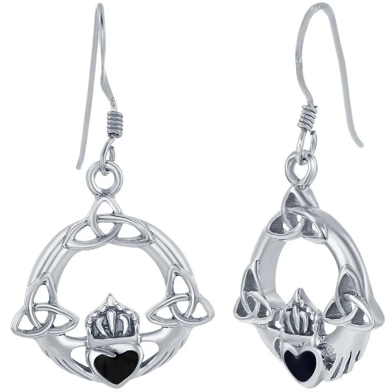 Women's handmade artisan earrings-Classic Women's Earrings - Sterling Silver Black Onyx Heart Celtic Claddagh | D-8093