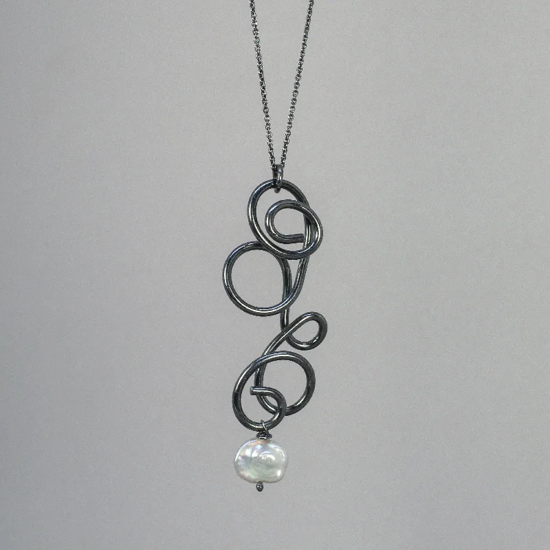 Women's gemstone necklaces-Curl Pendant in Oxidized Silver with Pearl by Rina Young