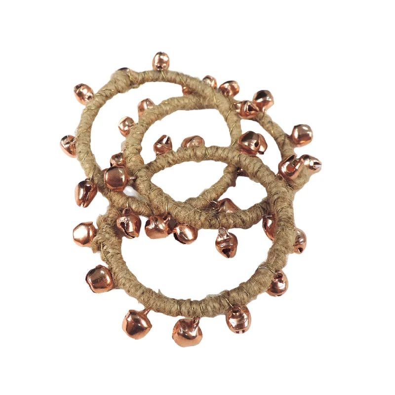 Women's family rings-With Bells On Natural Jute Napkin Ring in Copper, Set of 4