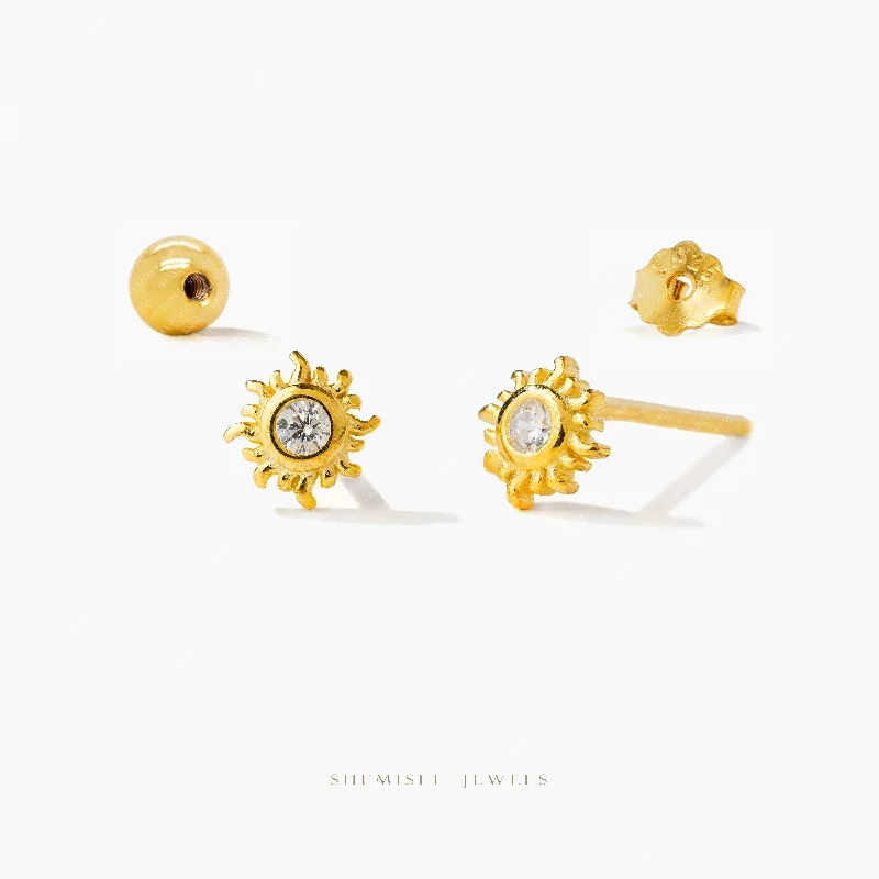 Women's charm earrings-Tiny Sun With Bezel Setting Gem Stud Earrings, Unisex, Gold, Silver SHEMISLI SS962 Butterfly End, SS963 Screw Ball End (Type A)