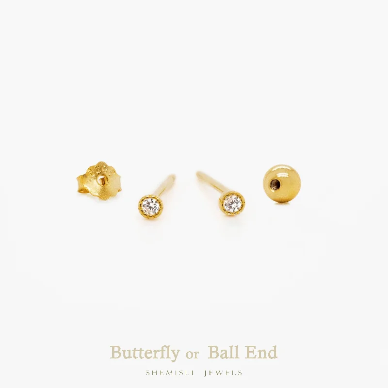 Women's birthstone earrings-Super Tiny White CZ Stone Studs, Unisex, Gold, Silver SHEMISLI - SS231 Butterfly End, SS964 Screw Ball End (Type A)