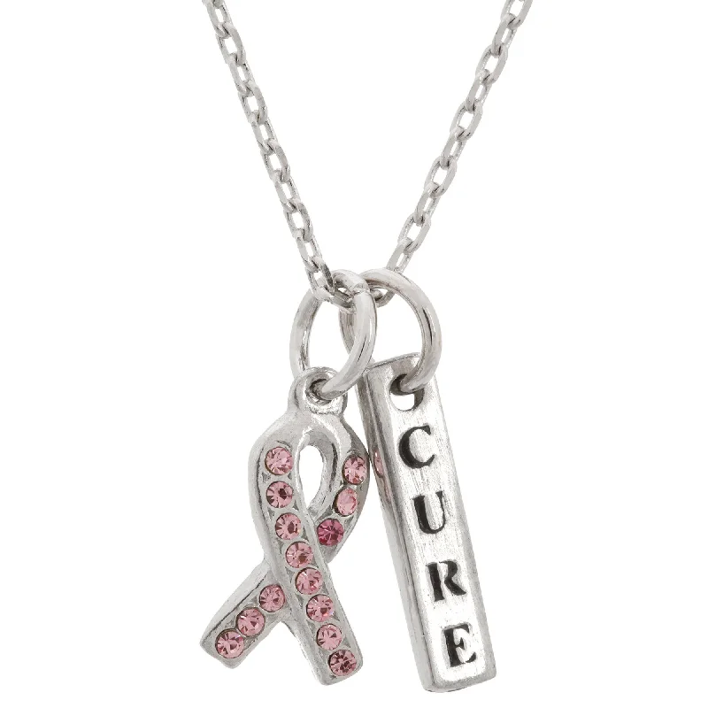 Vintage women's necklaces-Pink Ribbon Cure Pewter Necklace