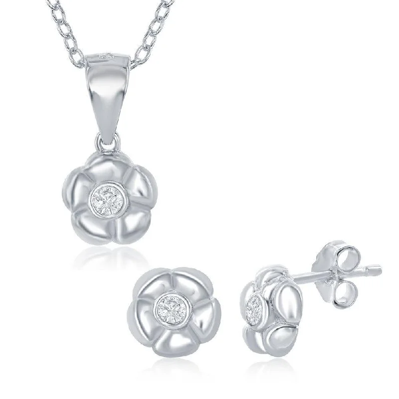 Women's birthstone earrings-Sterling Silver Flower with Single CZ Necklace and Earrings Set