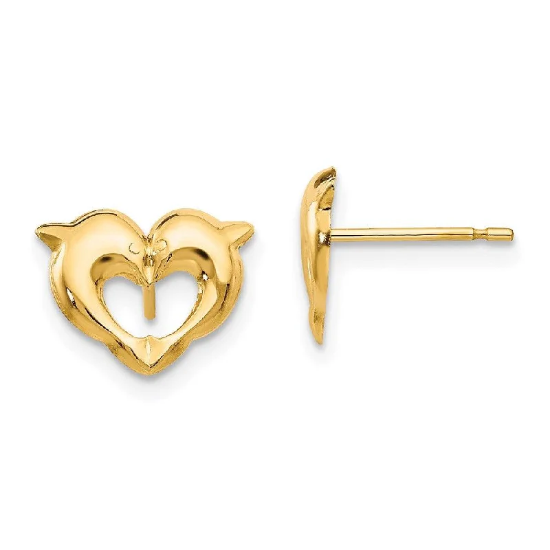 Women's platinum earrings-Madi K Kid's 14k  Heart Dolphins Post Earrings