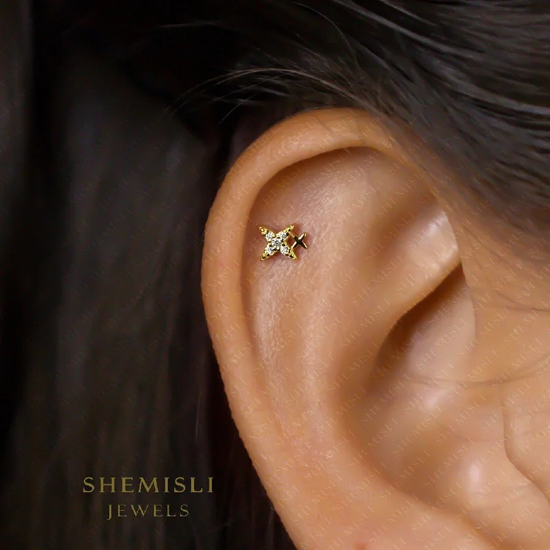 Women's symbolic earrings-Tiny Double Star Stud Earrings, Unisex, Gold, Silver SHEMISLI SS665 Butterfly End, SS666 Screw Ball End (Type A)