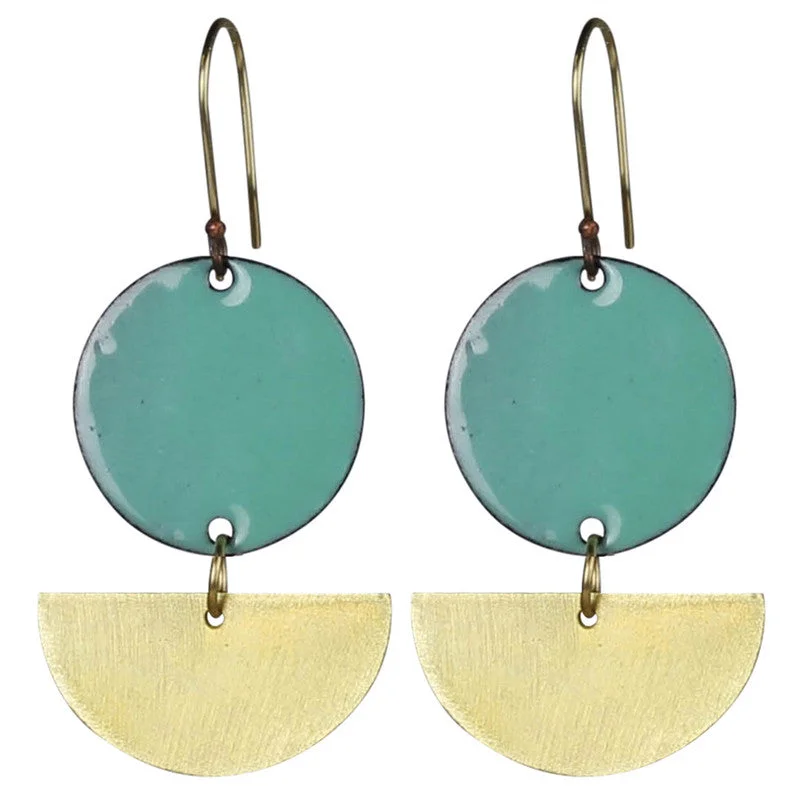 Women's casual rings-Donte Earring, Circle With Semi Circle Aqua Enamel & Brass