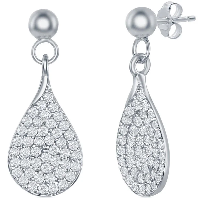 Women's formal earrings-Classic Women's Earrings - Sterling Silver Micro Pave White CZ Pear Shaped | D-7831