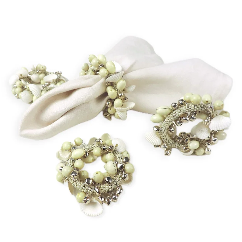 Women's party rings-Boho Shell & Bead Napkin Ring in White, Set of 4