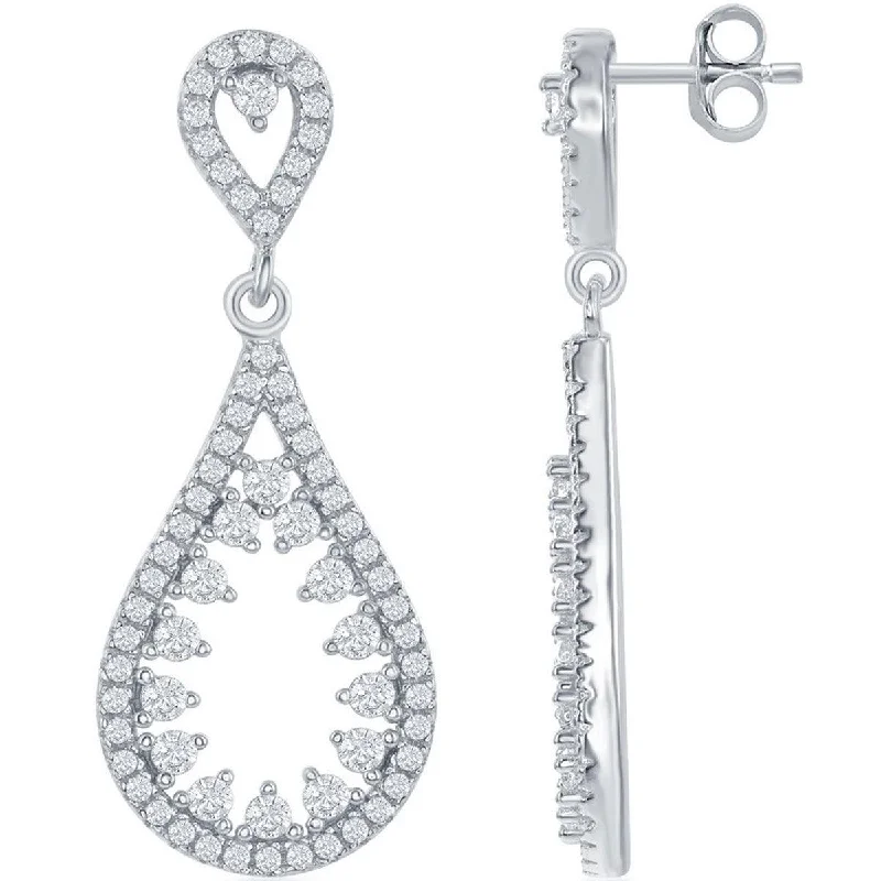 Women's astrology earrings-Classic Women's Earrings - Sterling Silver Open Teardrop with White CZ Center | D-6387