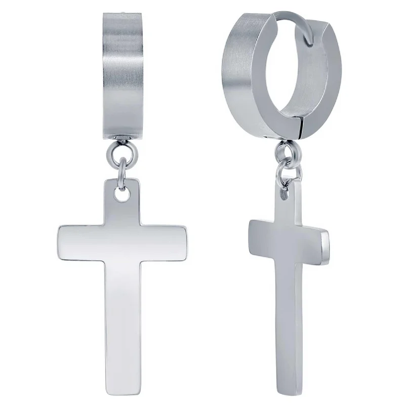 Women's vintage-inspired earrings-Blackjack Men's Earrings - Stainless Steel Cross Charm Polished Huggie Hoop | SA-6084