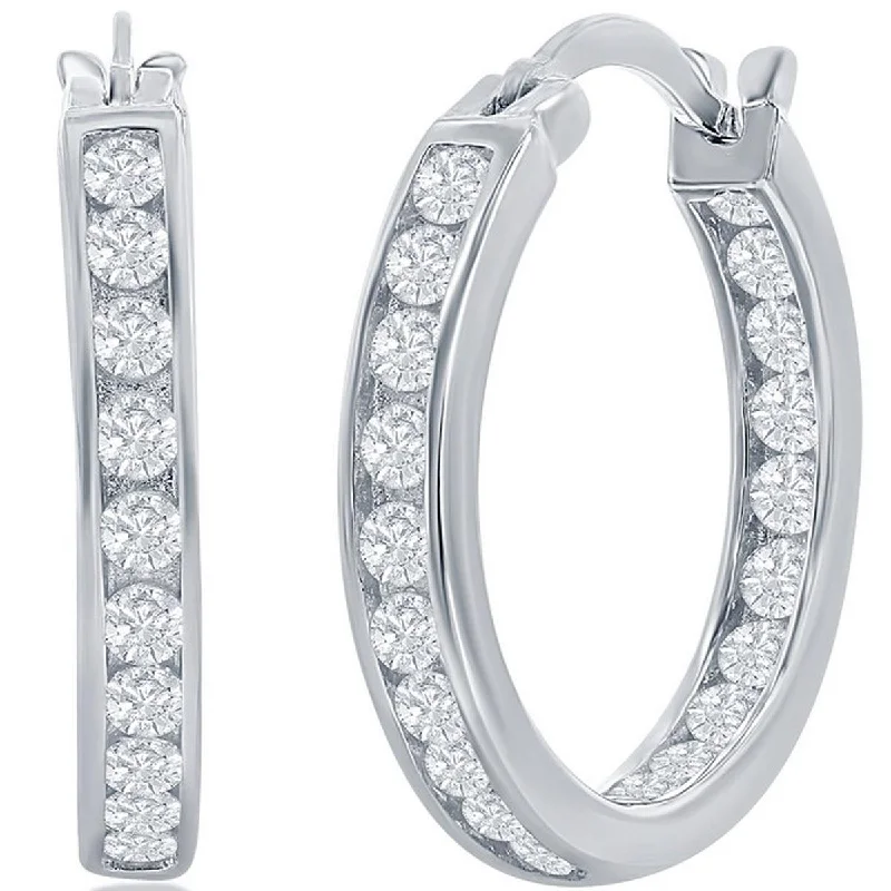 Women's sustainable earrings-Classic Women's Earrings - Silver 20mm Inside Outside Channel Set CZ Hoop | D-3494