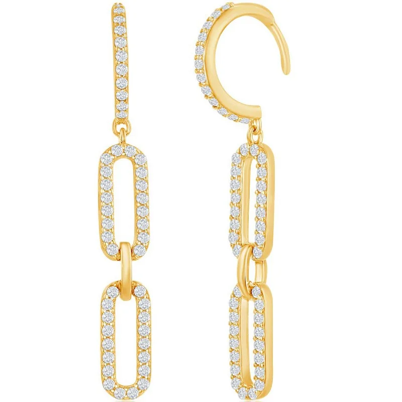 Women's Christmas earrings-Classic Women's Earrings - Gold Plated Double Link White CZ Paperclip | D-7816-GP