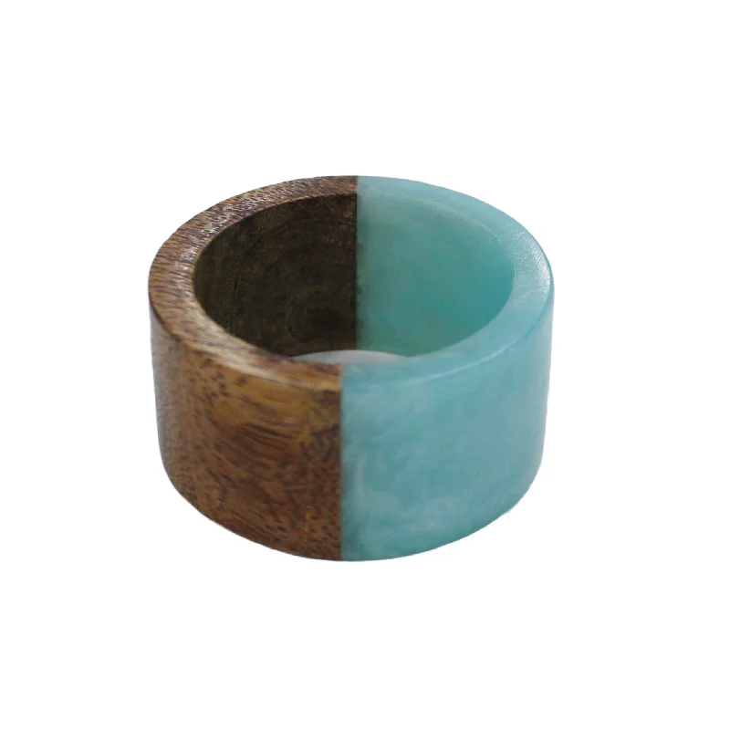 Women's photo rings-Natural Mango Wood Round Resin Napkin Ring in Aqua, Set of 4